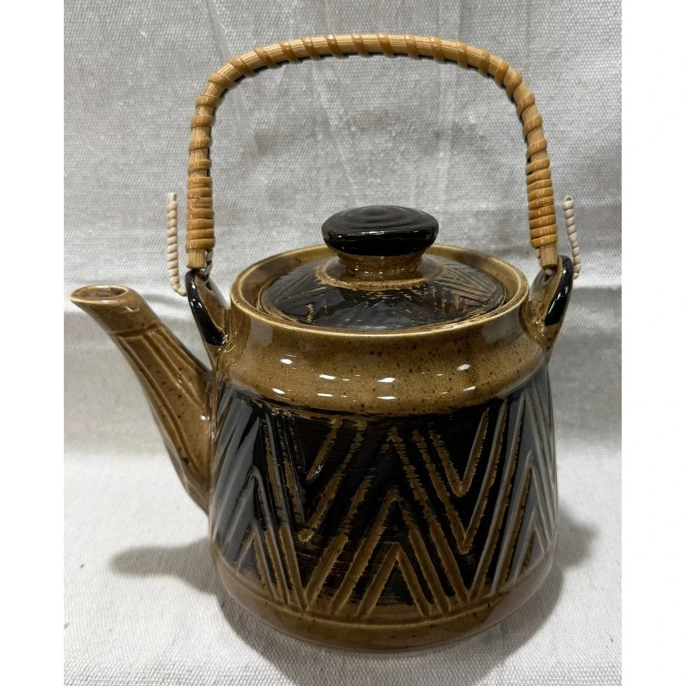 Vintage Japanese Ceramic Teapot Woven Bamboo Handle Brown Geometric MCM Japan